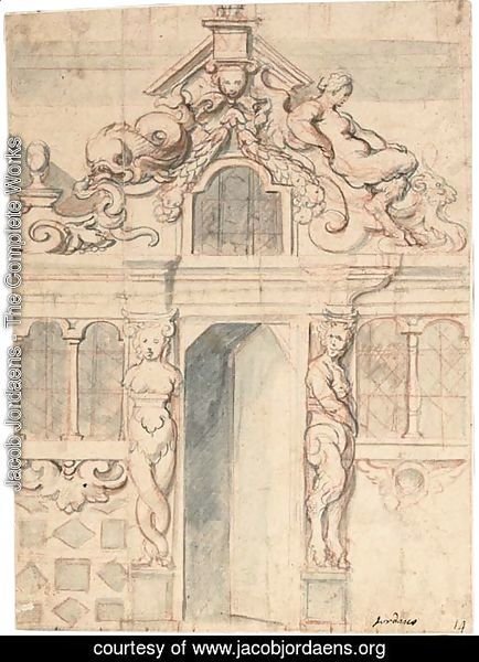 An elaborate facade with an open door flanked by a bacchante and a satyr