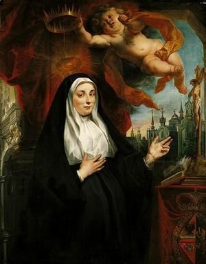 Jacob Jordaens - Portrait Of The Infanta Isabella Clara Eugenia, As A Nun, Half-Length In Prayer Before A Crucifix And Crowned By A Cherub, With An Abbey Beyond