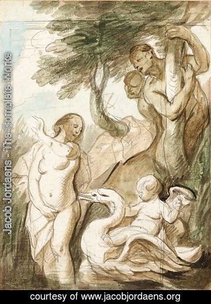 A Bathing Nymph Surprised By Satyrs, A Putto Riding A Swan Beside Her
