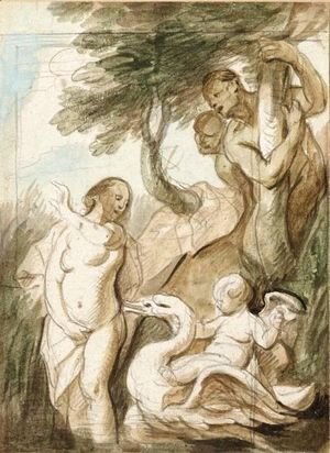 A Bathing Nymph Surprised By Satyrs, A Putto Riding A Swan Beside Her
