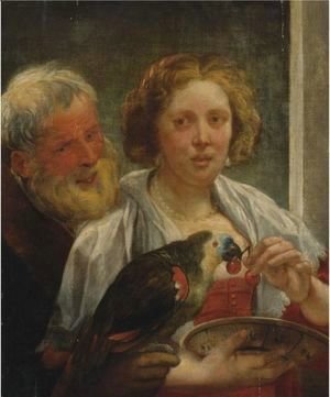 Jacob Jordaens - A Bearded Man And A Woman With A Parrot Unrequited Love