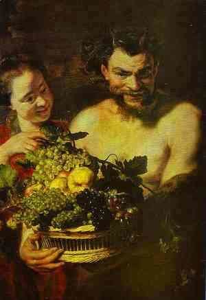Jacob Jordaens - Satyr and Girl with a Basket of Fruit
