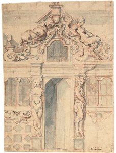 An elaborate facade with an open door flanked by a bacchante and a satyr