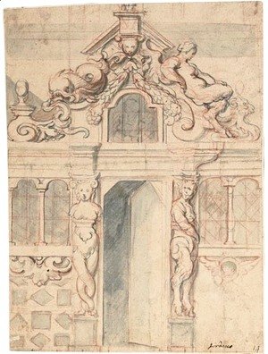 An elaborate facade with an open door flanked by a bacchante and a satyr