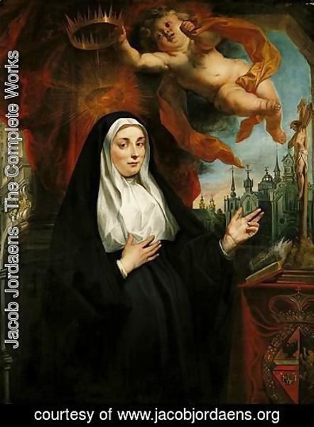 Portrait Of The Infanta Isabella Clara Eugenia, As A Nun, Half-Length In Prayer Before A Crucifix And Crowned By A Cherub, With An Abbey Beyond