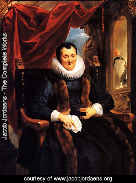 Jacob Jordaens - Portrait Of Magdalena De Cuyper, Seated Three-quarter Length In Black, With White Lace Cuffs And Ruff, And A Fur-trimmed Coat, Before An Opening Partly Concealed By A Draped Red Cloth