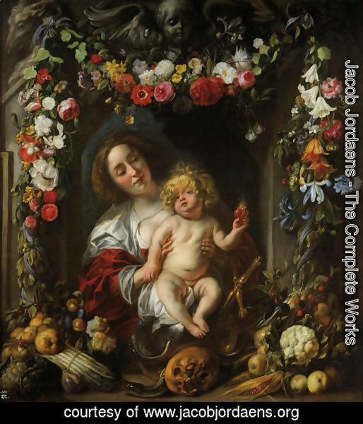 Jacob Jordaens - Madonna with child in a flower garland