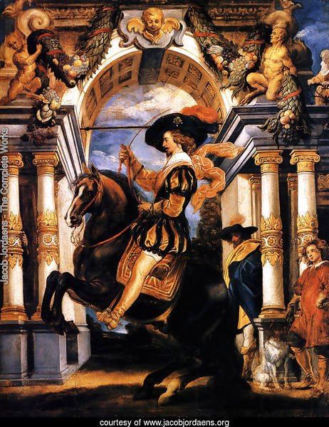 Cavalier executing a Levade, in front of a portal